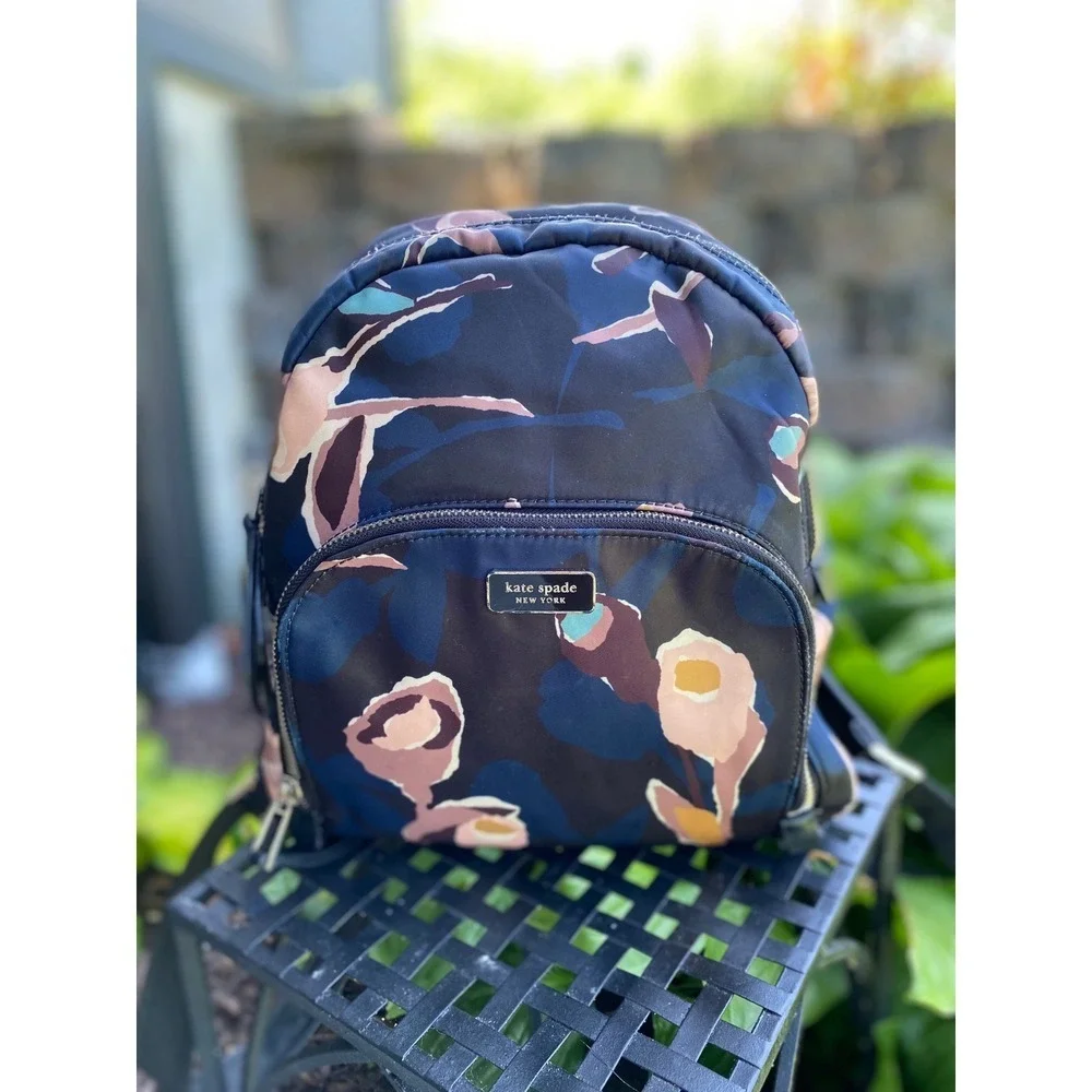 Kate Spade Dawn Paper Rose Backpack Navy Floral Nylon Travel School Bag Stylish